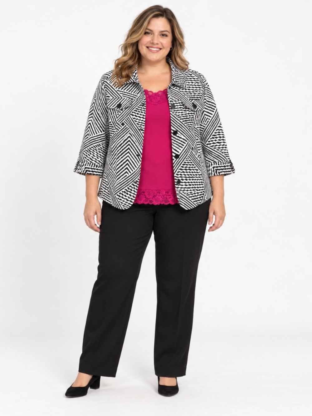 Ruby Rd Woman 20W Geometric Jacket & Fuchsia Lace Shell 2 Piece Set